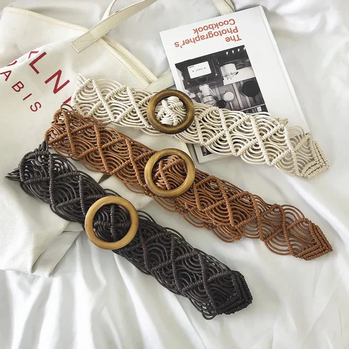 Boho Beach Woven Belt with Round Wooden Buckle - Image 5