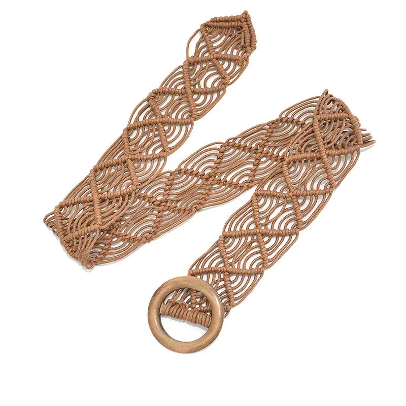 Boho Beach Woven Belt with Round Wooden Buckle - Image 8