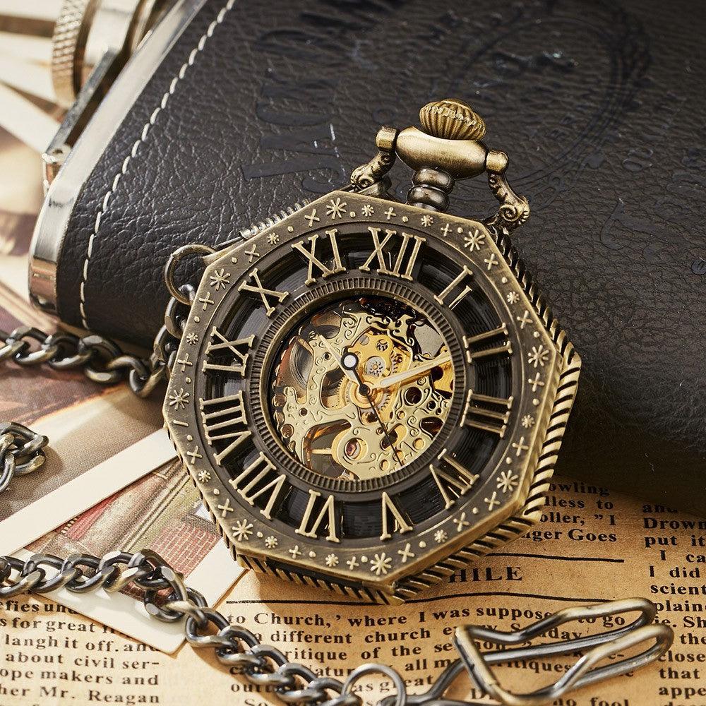 Carved Octagonal Mechanical Pocket Watch Retro Rome - Image 2