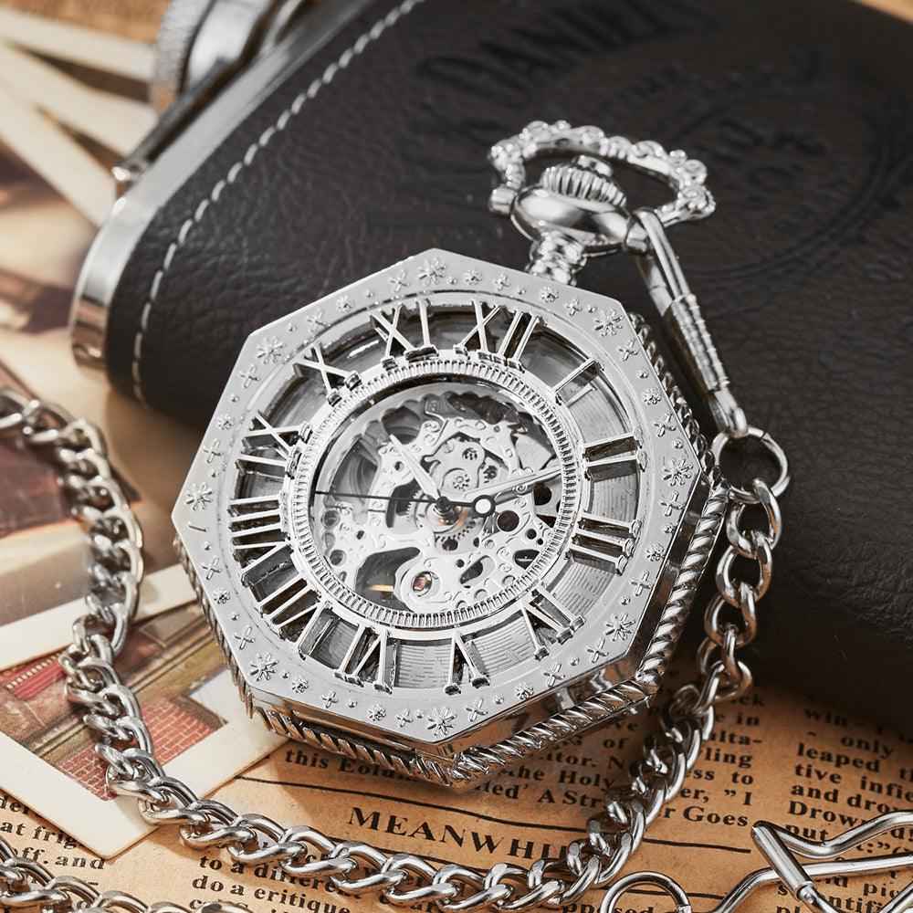 Carved Octagonal Mechanical Pocket Watch Retro Rome - Image 3