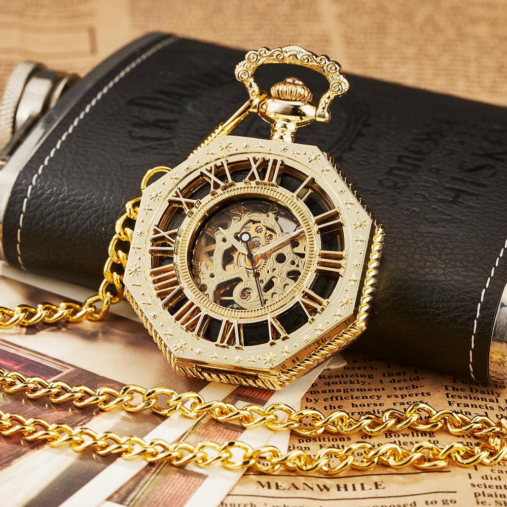 Carved Octagonal Mechanical Pocket Watch Retro Rome - Image 4
