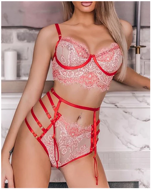 Chill Day Ladder Cutout Sheer Mesh Floral Lace Bra Set - Image 2