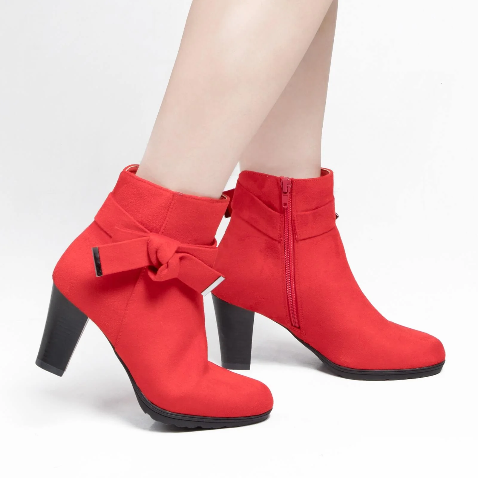 Chunky Stacked Heel Zipper Bowknot Ankle Boots - Image 11
