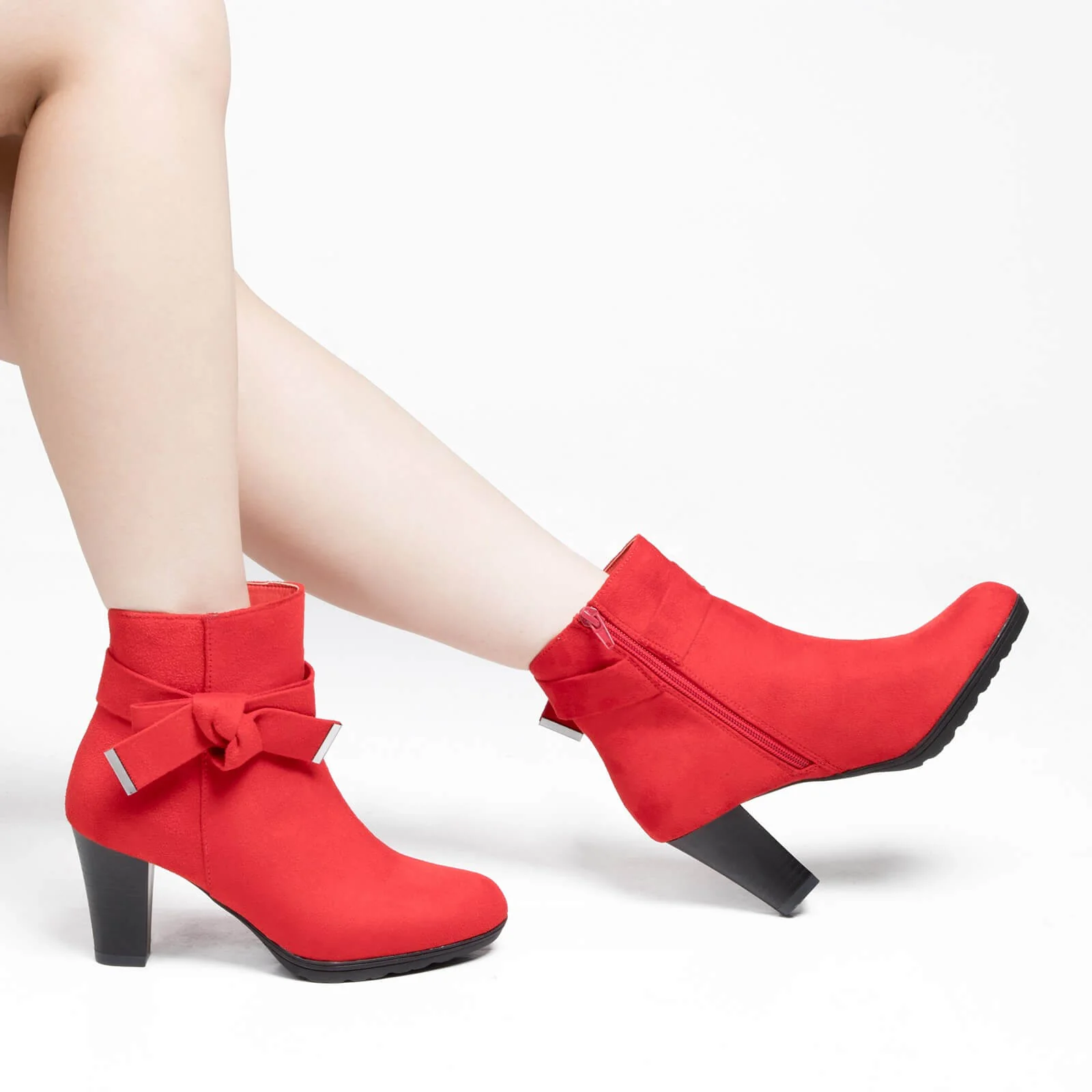 Chunky Stacked Heel Zipper Bowknot Ankle Boots - Image 12
