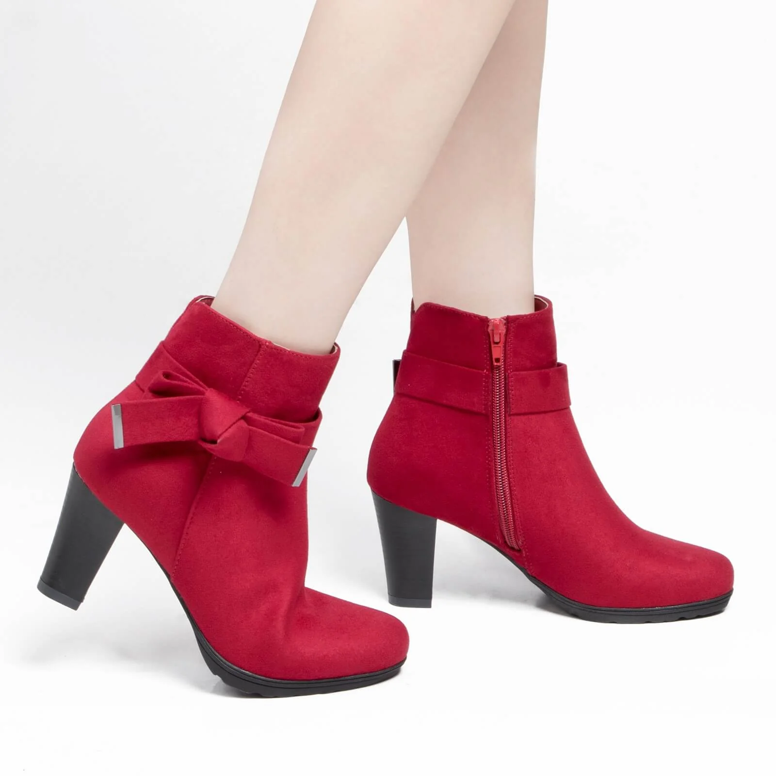 Chunky Stacked Heel Zipper Bowknot Ankle Boots - Image 14