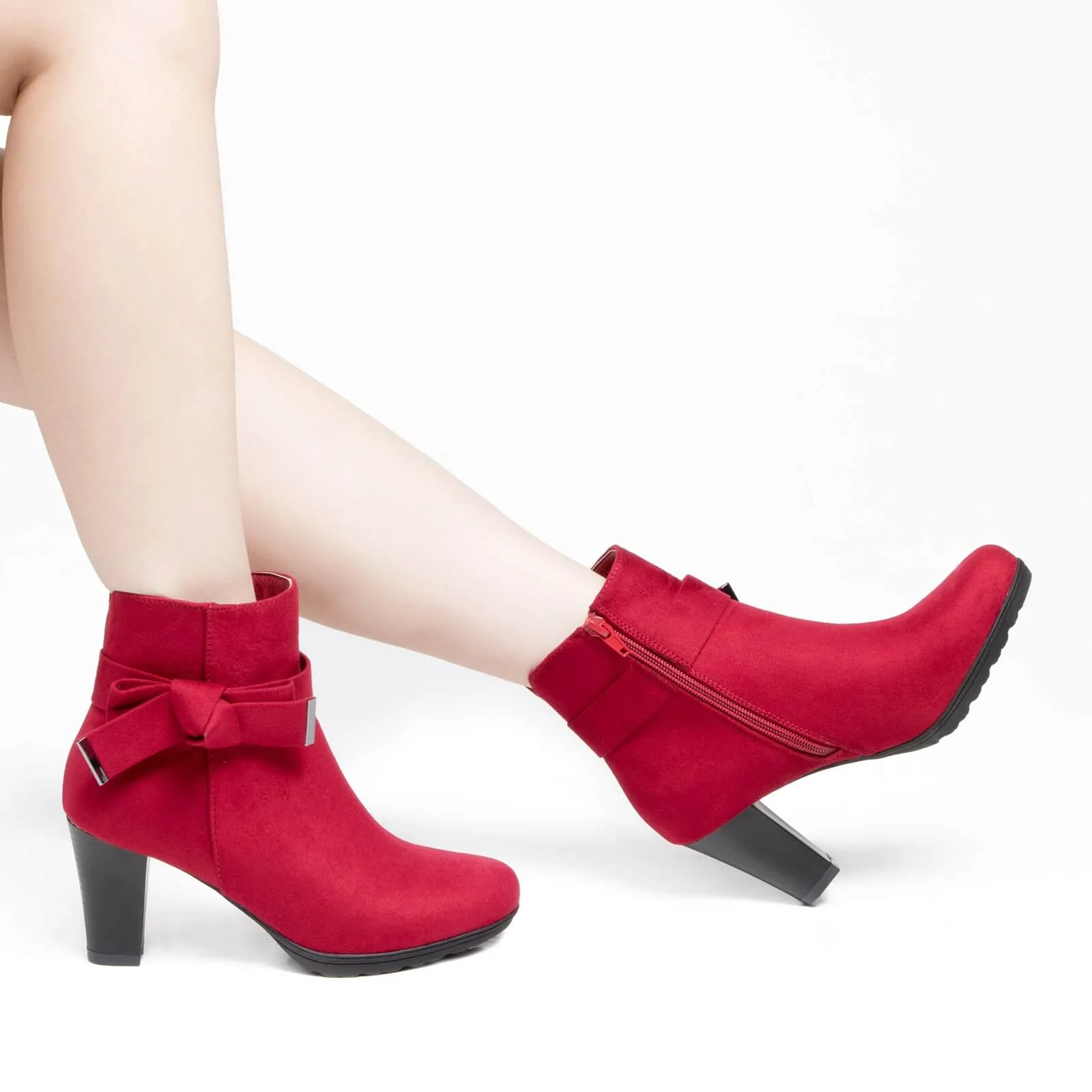 Chunky Stacked Heel Zipper Bowknot Ankle Boots - Image 15