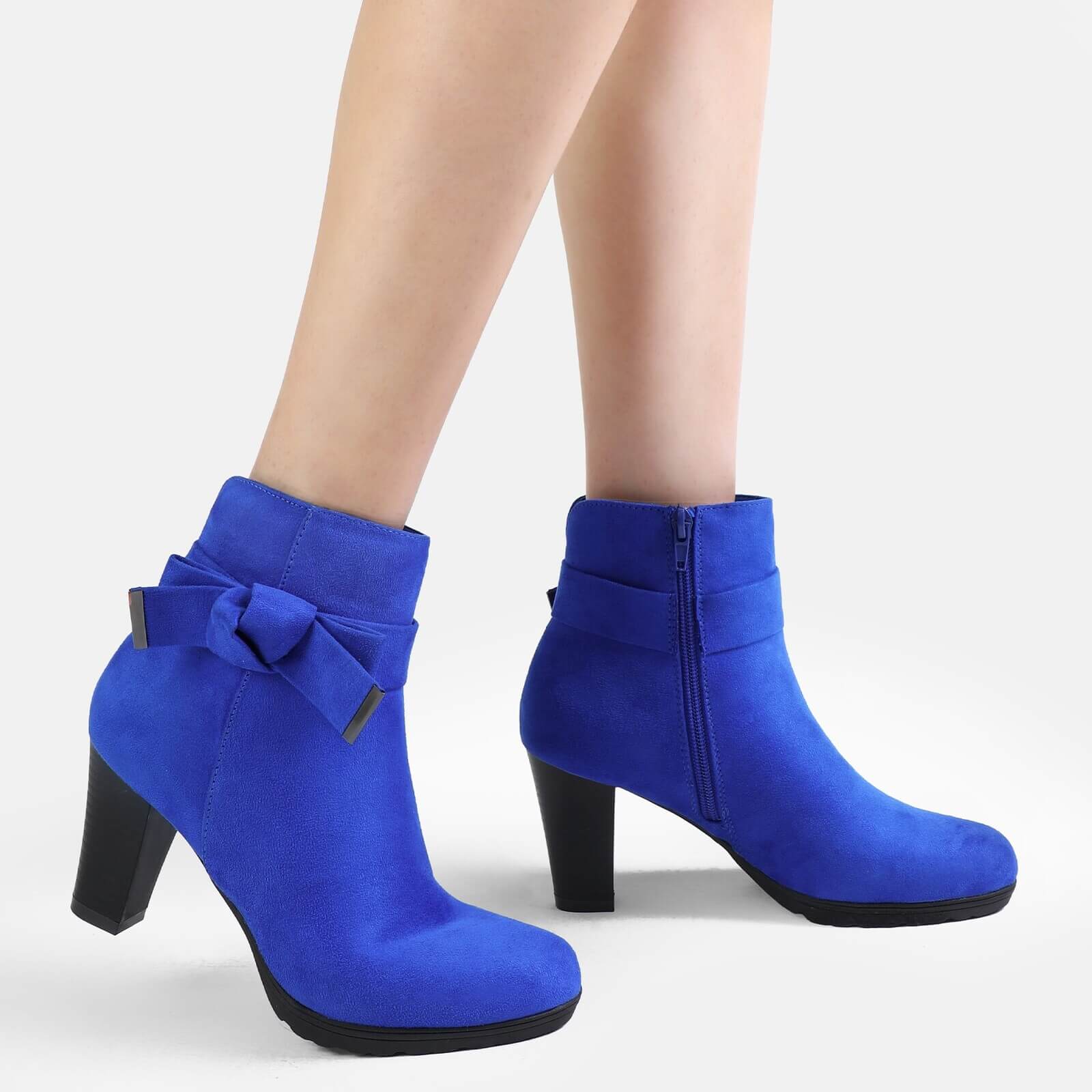 Chunky Stacked Heel Zipper Bowknot Ankle Boots - Image 17