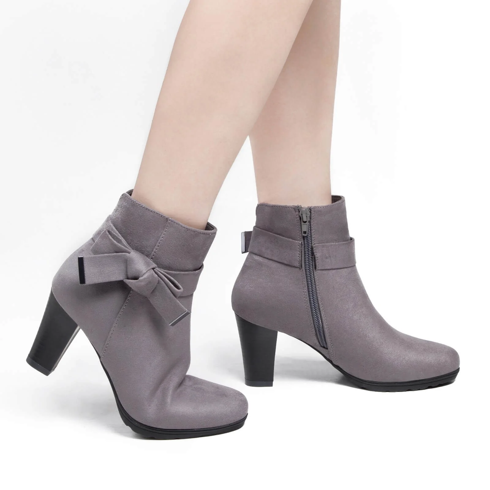 Chunky Stacked Heel Zipper Bowknot Ankle Boots - Image 2