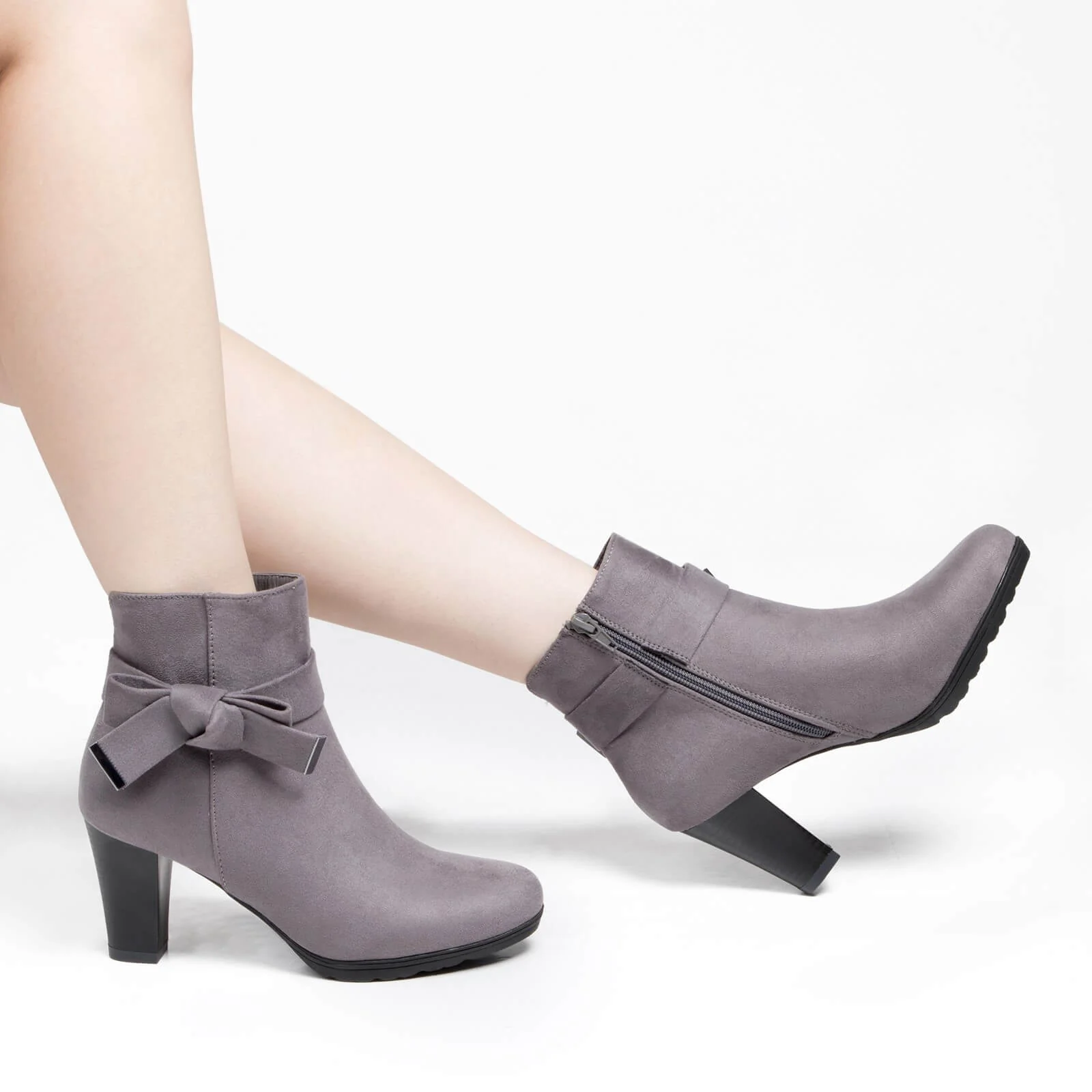 Chunky Stacked Heel Zipper Bowknot Ankle Boots - Image 3