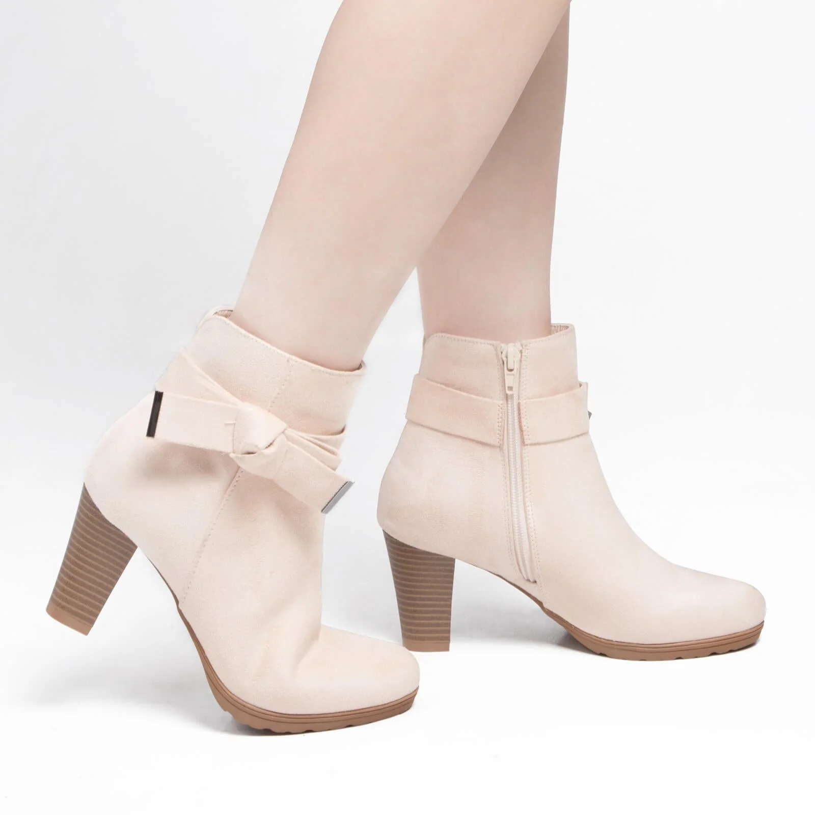 Chunky Stacked Heel Zipper Bowknot Ankle Boots - Image 5