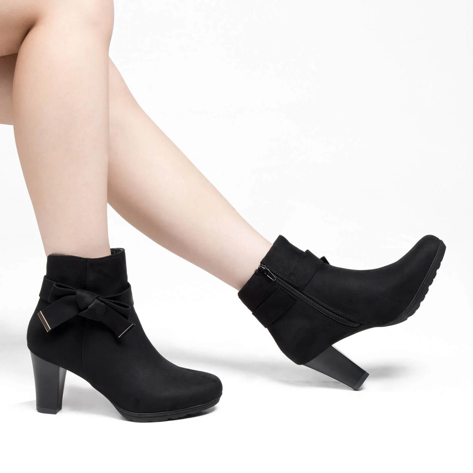 Chunky Stacked Heel Zipper Bowknot Ankle Boots - Image 9