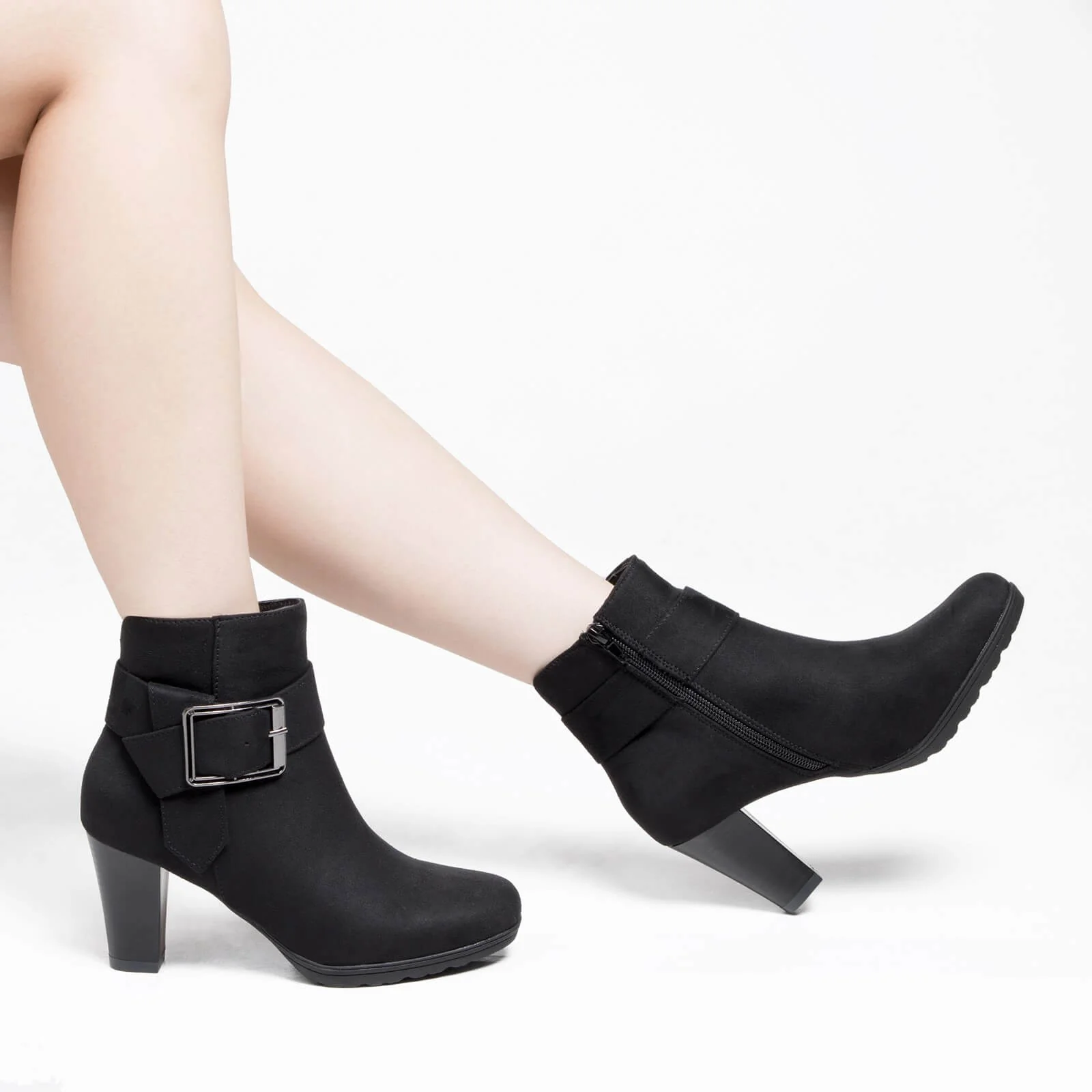 Chunky Stacked Heel Buckle Strap Zipper Ankle Boots - Image 3