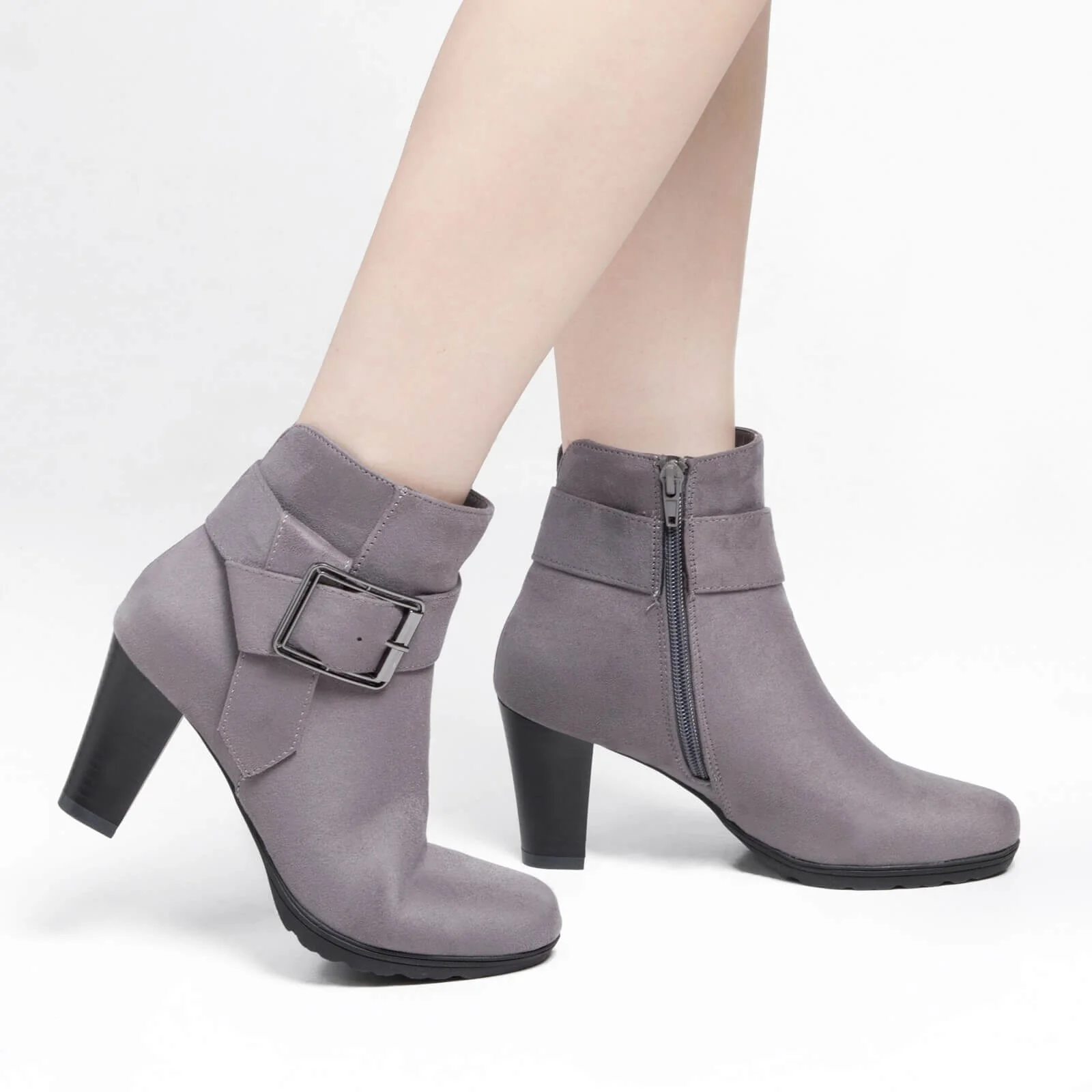Chunky Stacked Heel Buckle Strap Zipper Ankle Boots - Image 5
