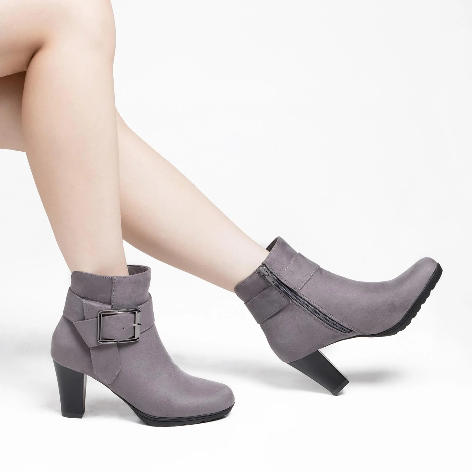 Chunky Stacked Heel Buckle Strap Zipper Ankle Boots - Image 6