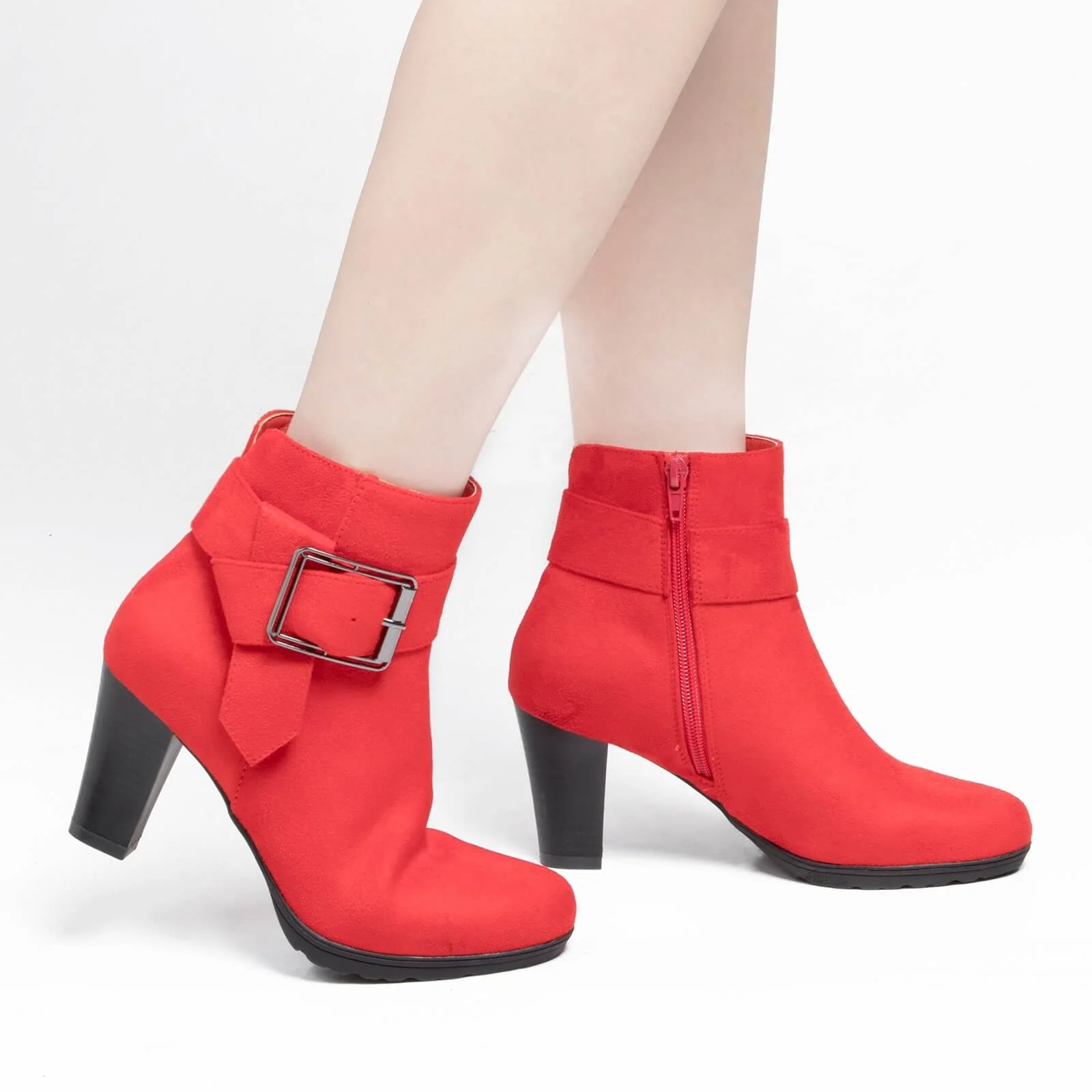 Chunky Stacked Heel Buckle Strap Zipper Ankle Boots - Image 8