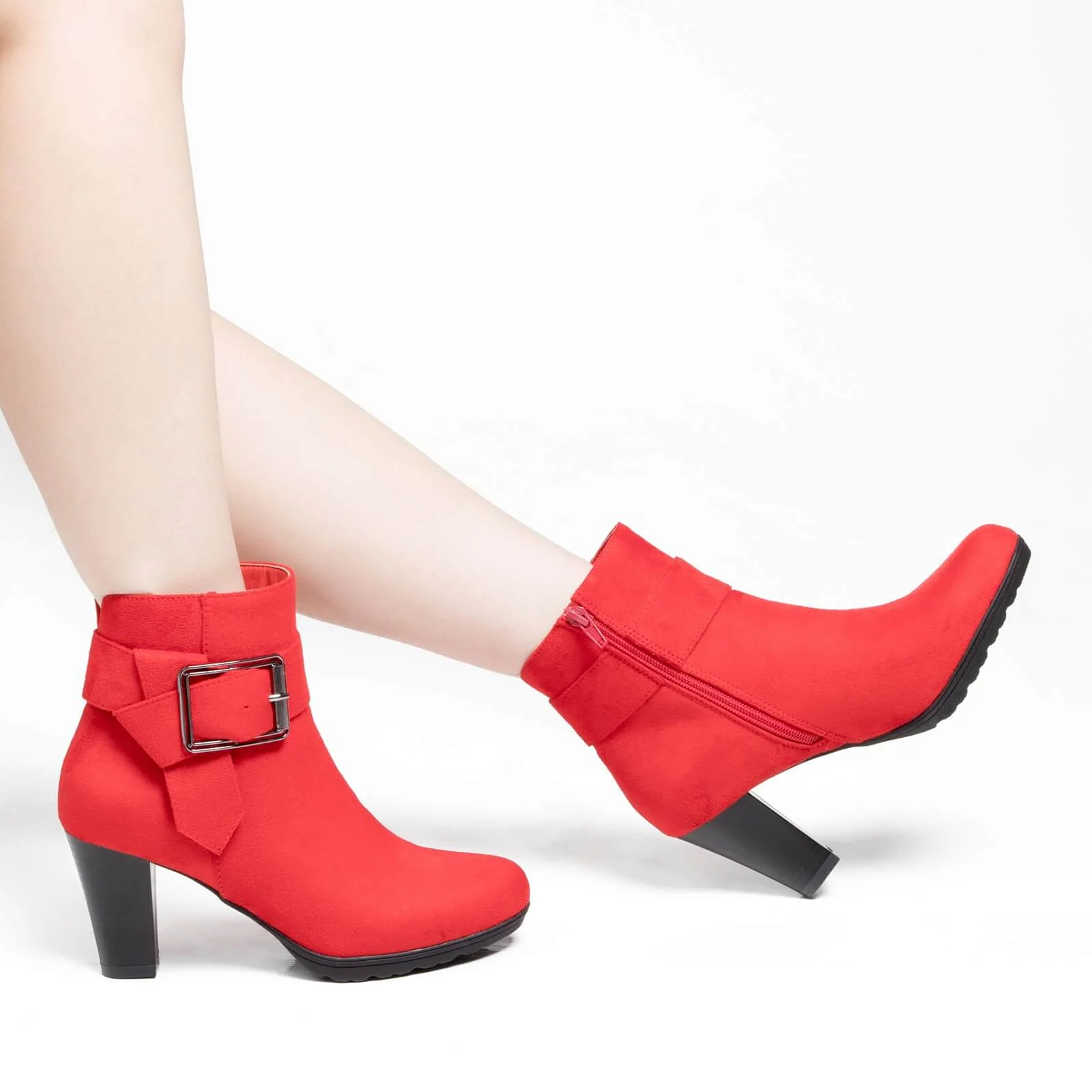 Chunky Stacked Heel Buckle Strap Zipper Ankle Boots - Image 9