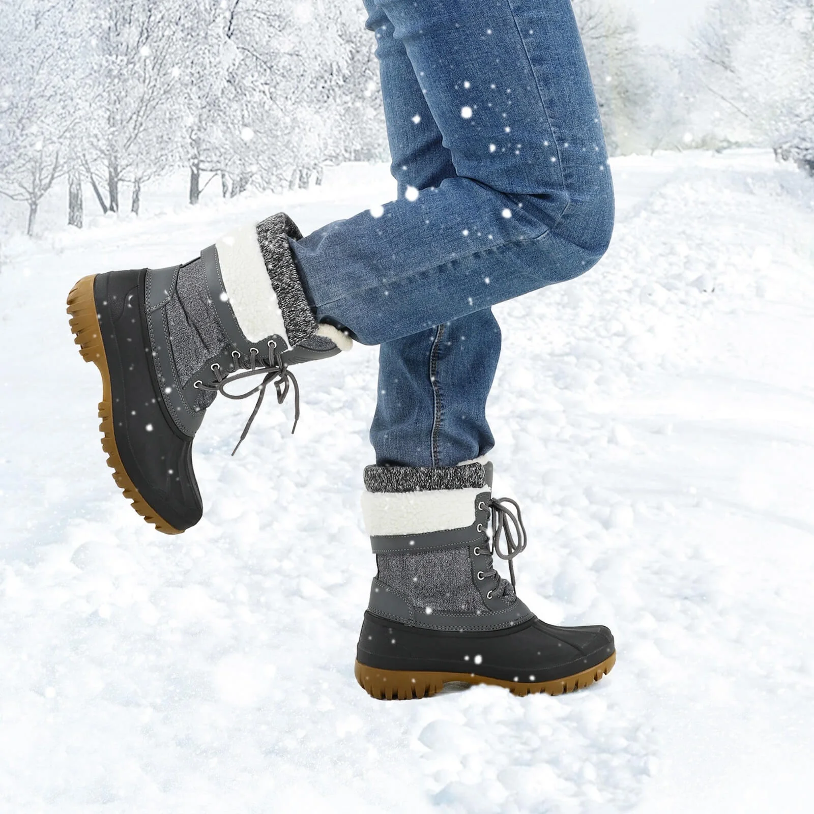 Color Block Fur-lined Lace Up Mid Calf Snow Booties - Image 8