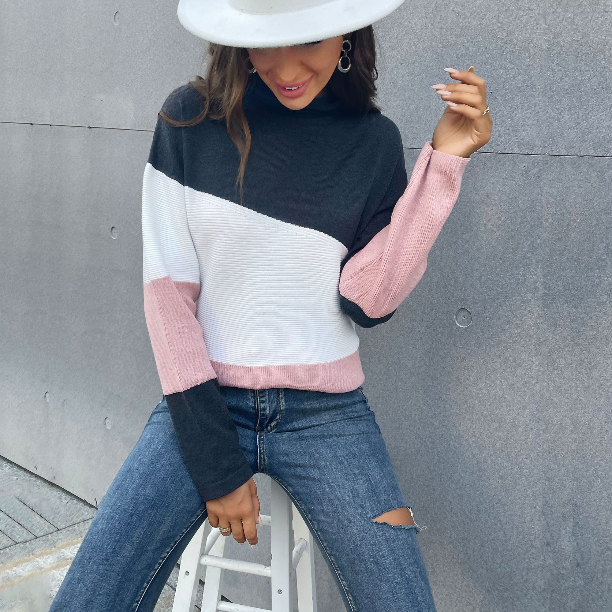 Color Block Mixed Texture Sweater - Image 2