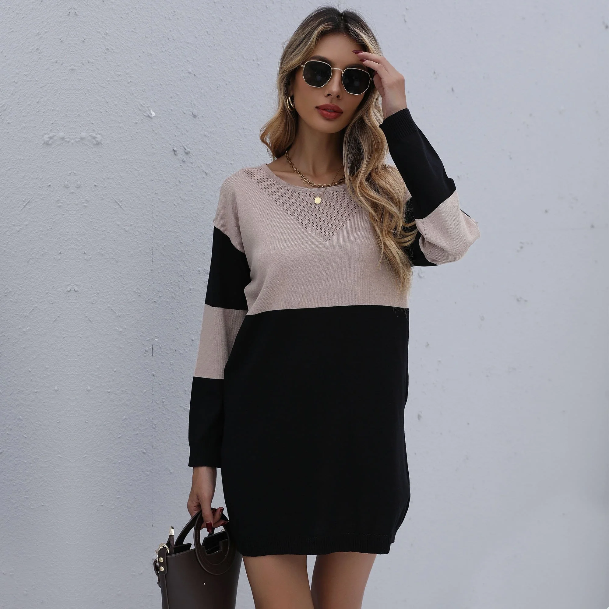 Color Block Neck Detail Sweater Dress - Image 3