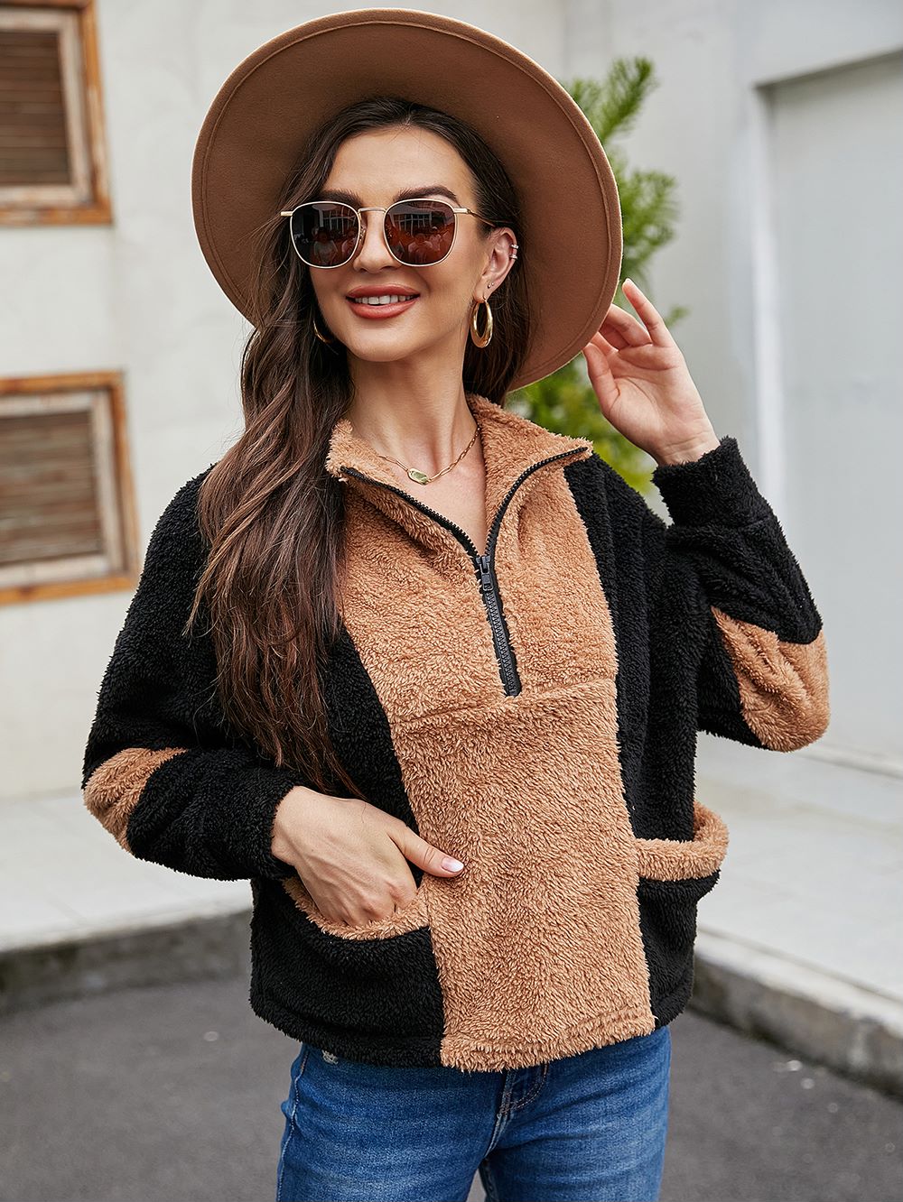 Color Block Teddy Zip Up Sweater - Image 3