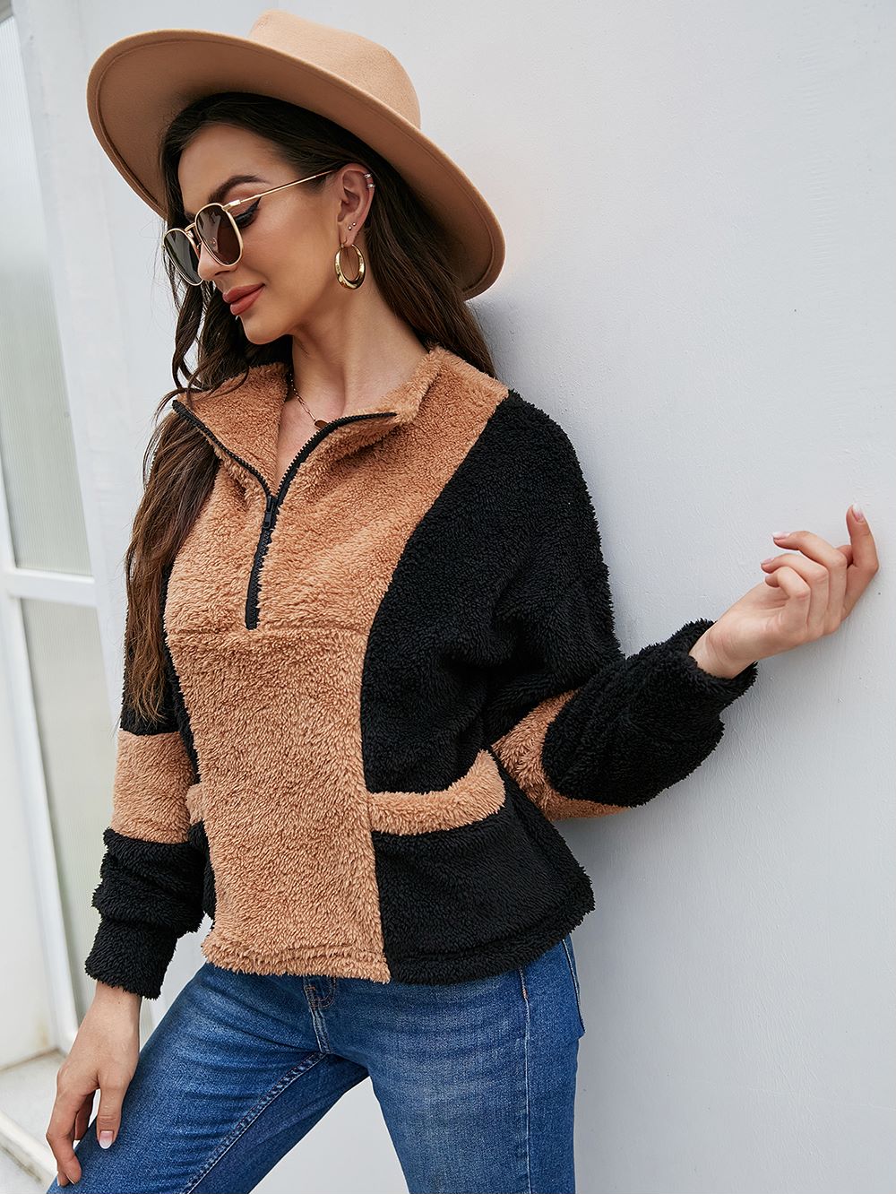 Color Block Teddy Zip Up Sweater - Image 4