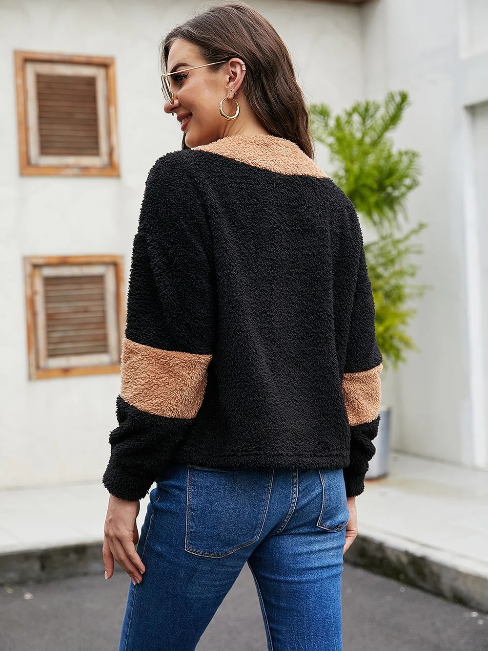 Color Block Teddy Zip Up Sweater - Image 5
