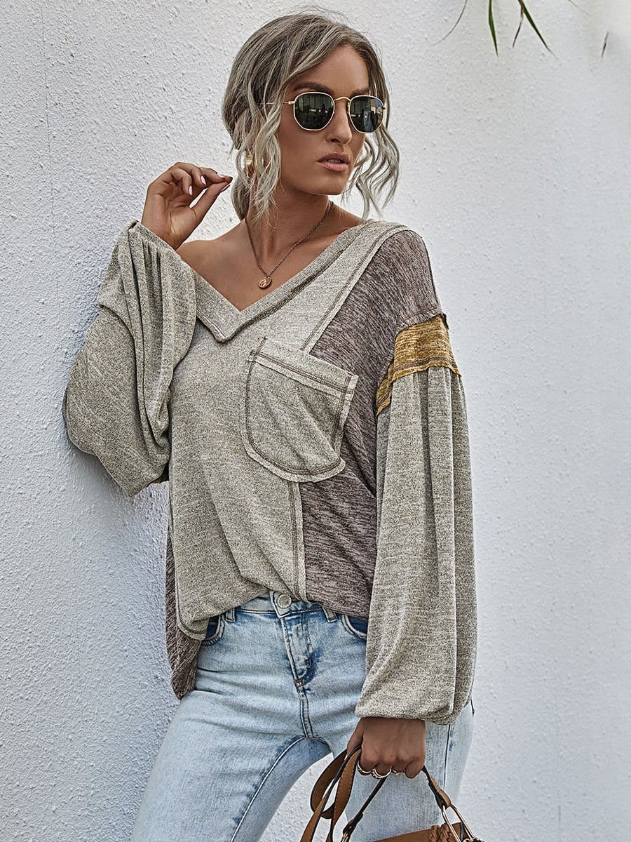 Color Blocked Cozy V-Neck Pullover - Image 2