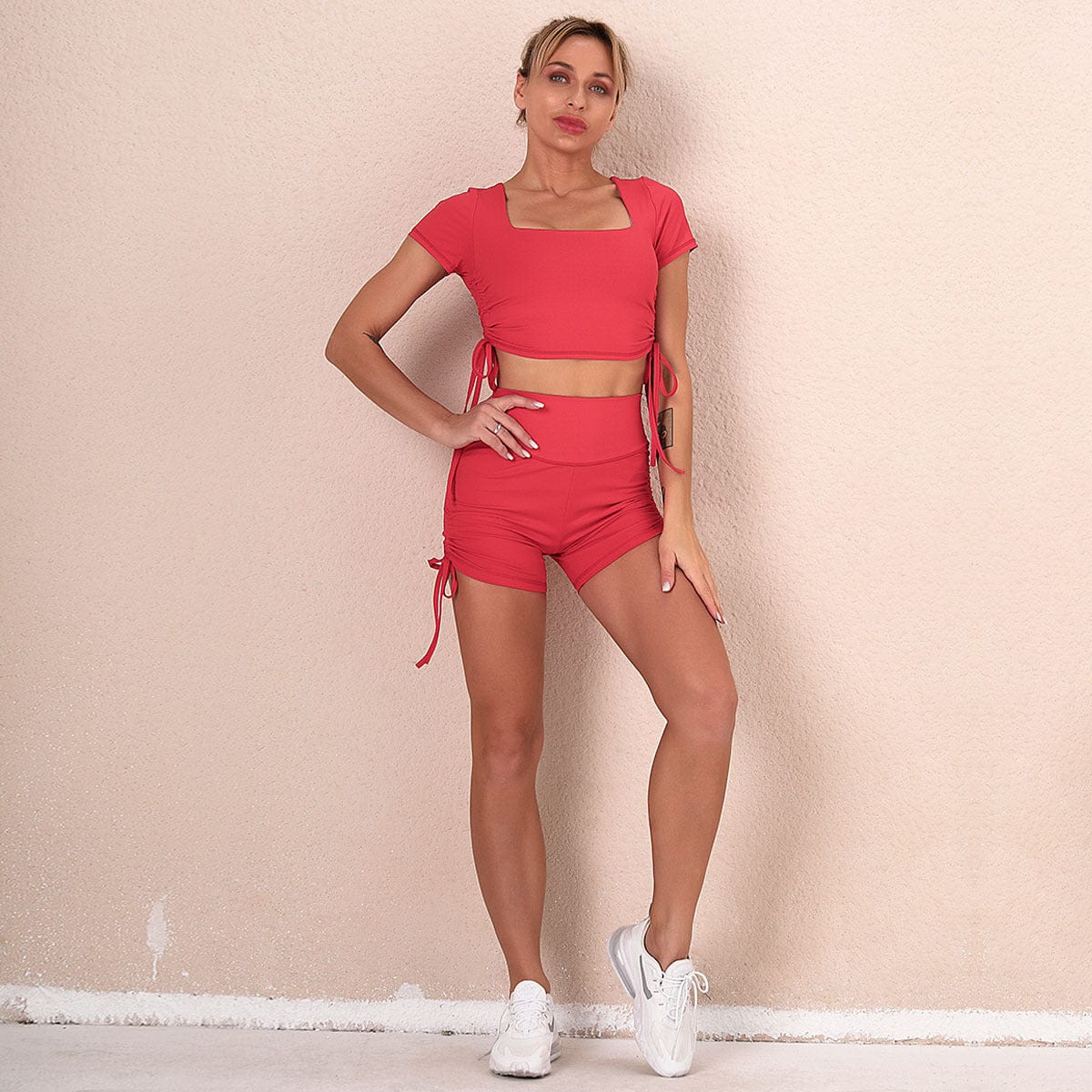 Colorful Drawstring Ruched Sports Bra & High Rise Shorts Active Set - Image 13