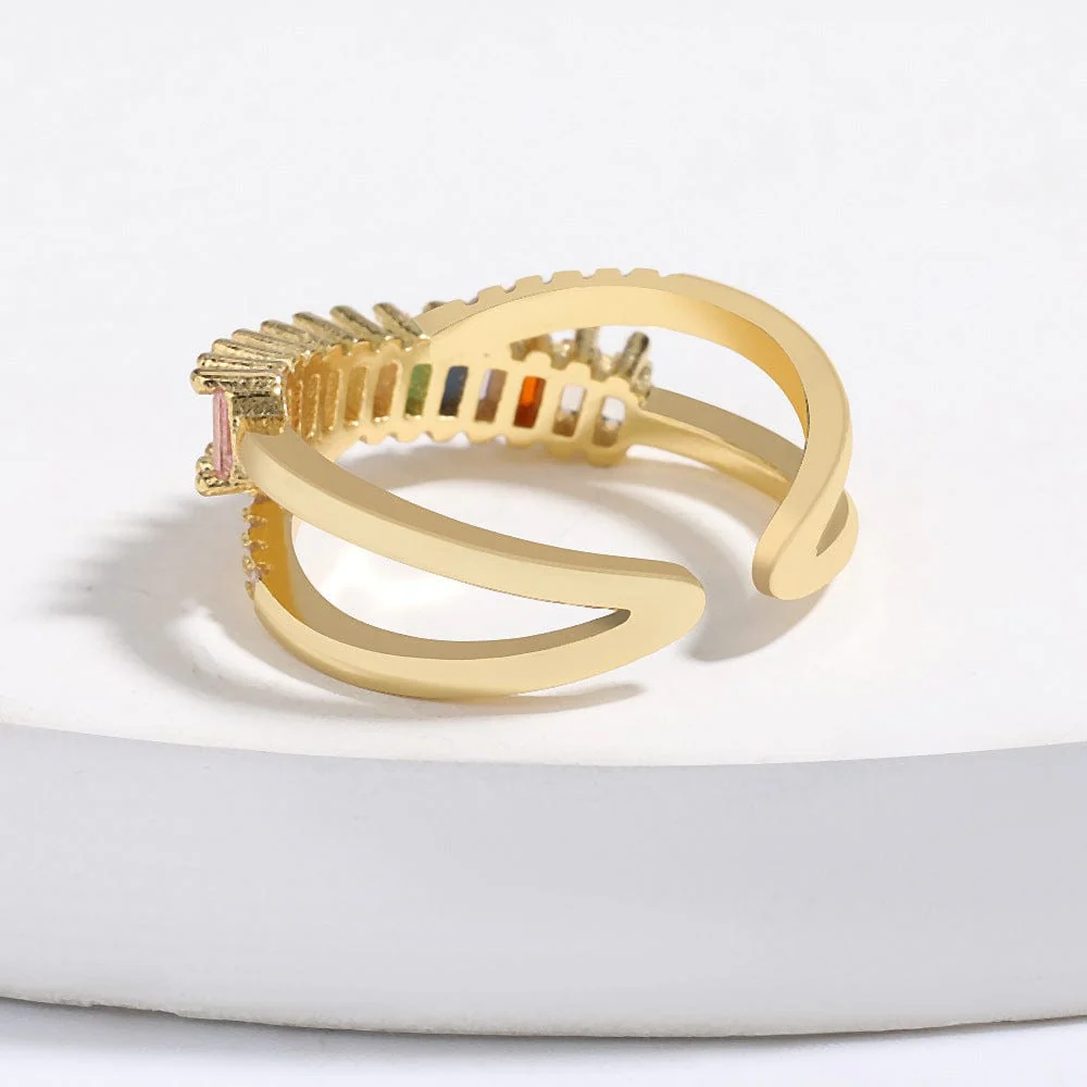 Colorful Rhinestone Crystals Criss Cross Gold Adjustable Ring - Image 2