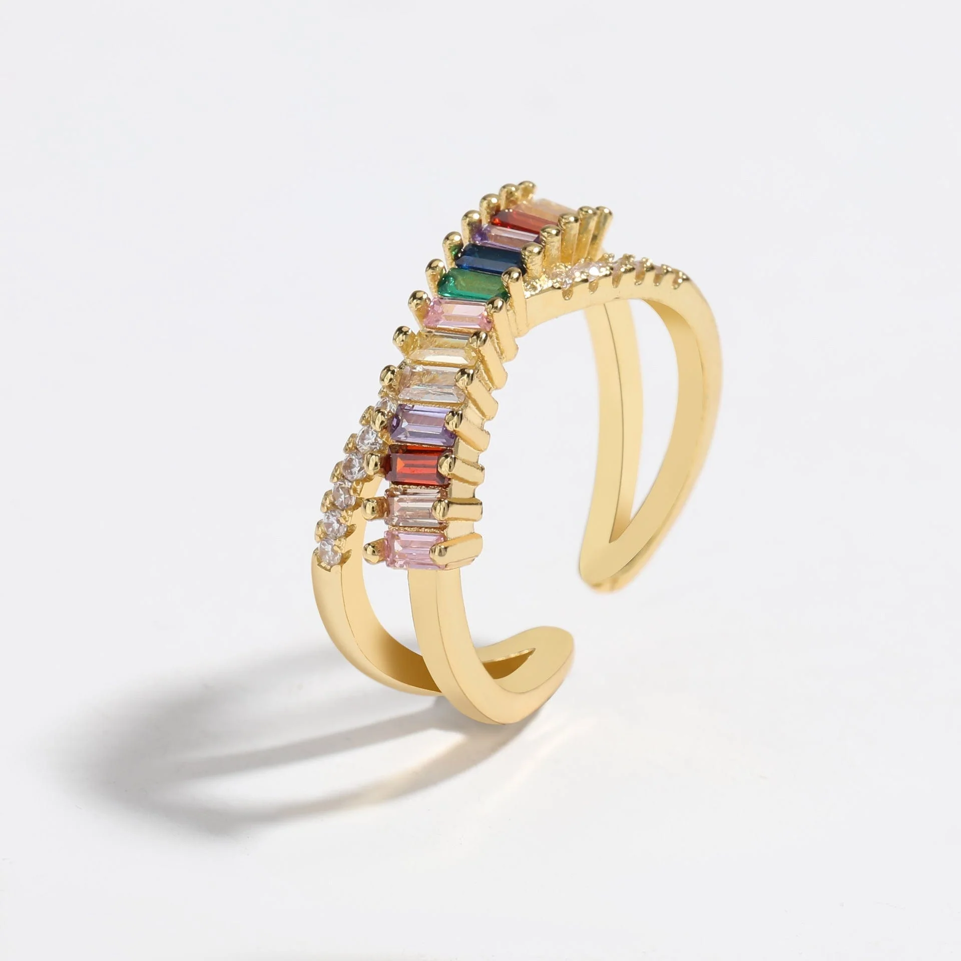 Colorful Rhinestone Crystals Criss Cross Gold Adjustable Ring - Image 3