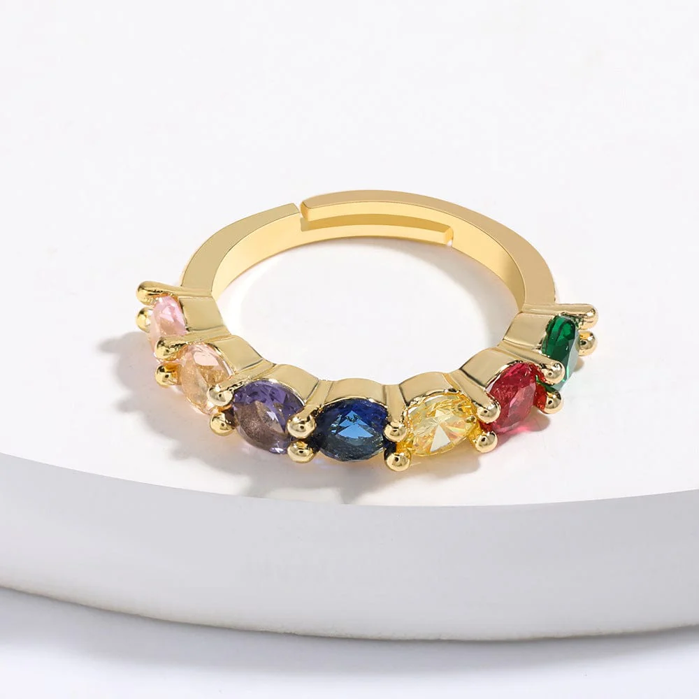Colorful Rhinestone Crystals Row Gold Adjustable Ring - Image 3