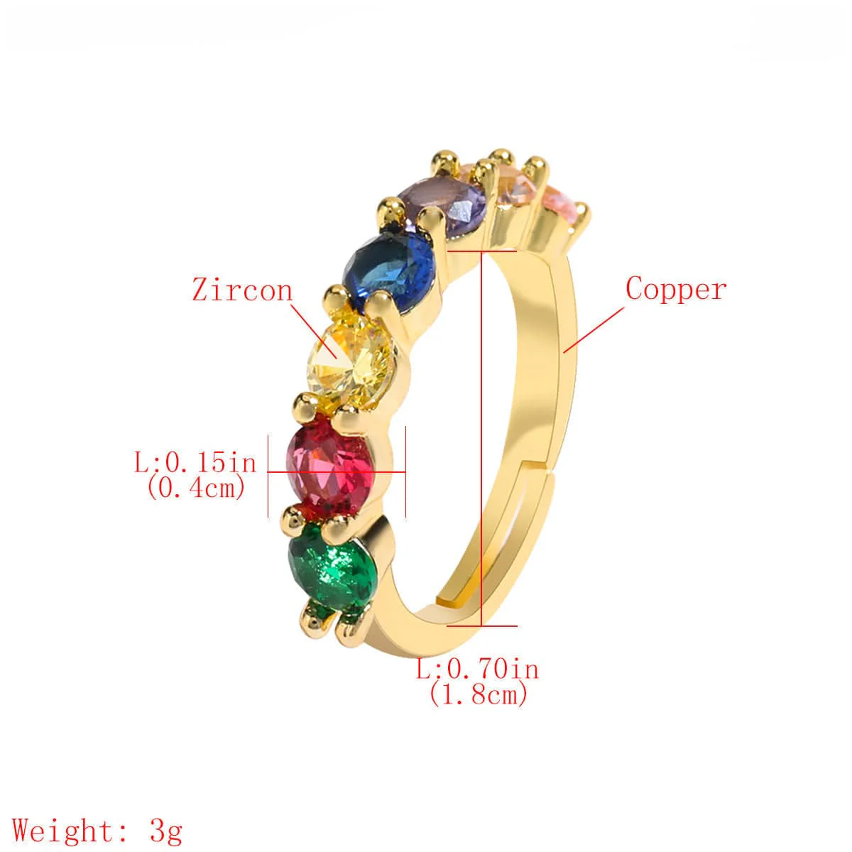 Colorful Rhinestone Crystals Row Gold Adjustable Ring - Image 4