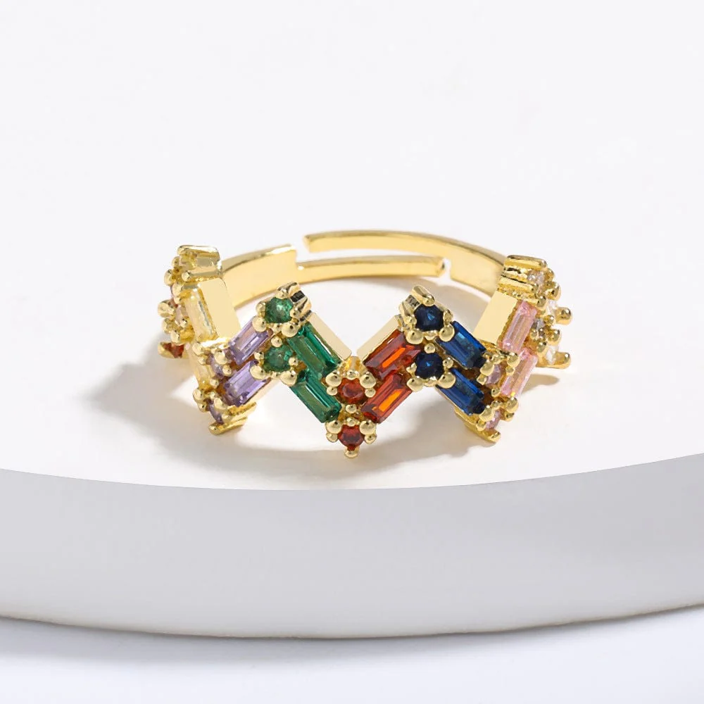 Colorful Rhinestones Zigzag Gold Adjustable Ring