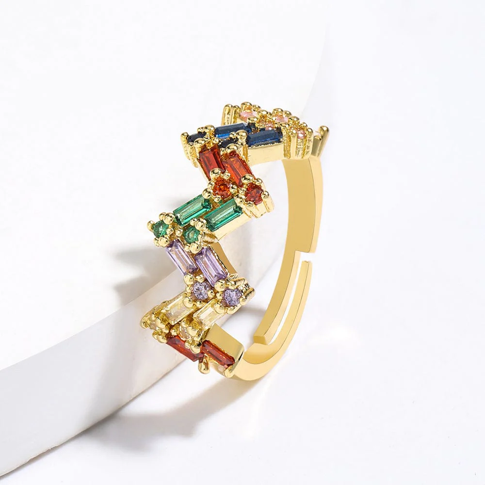 Colorful Rhinestones Zigzag Gold Adjustable Ring - Image 2
