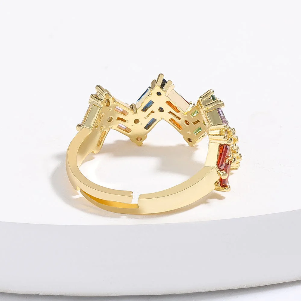 Colorful Rhinestones Zigzag Gold Adjustable Ring - Image 3