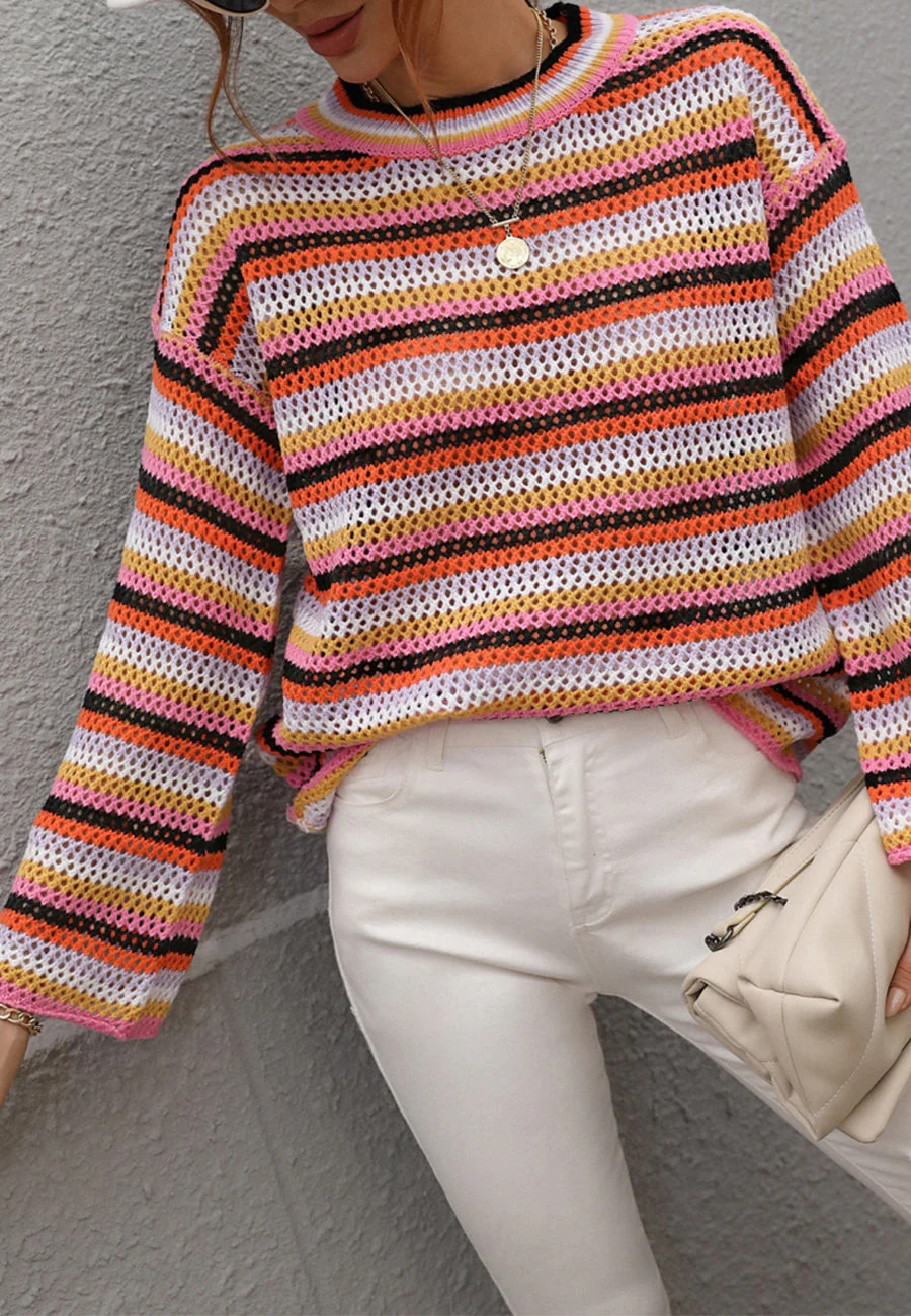 Colorful Striped Crochet Knit Sweater - Image 13