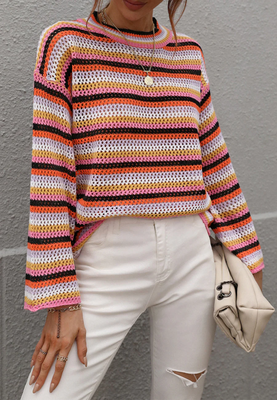Colorful Striped Crochet Knit Sweater - Image 14
