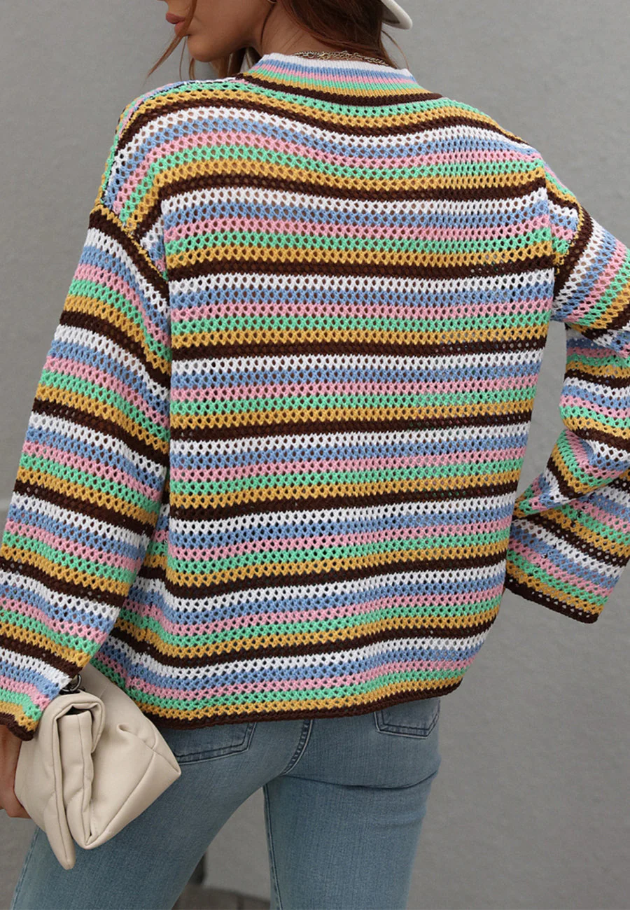 Colorful Striped Crochet Knit Sweater - Image 2
