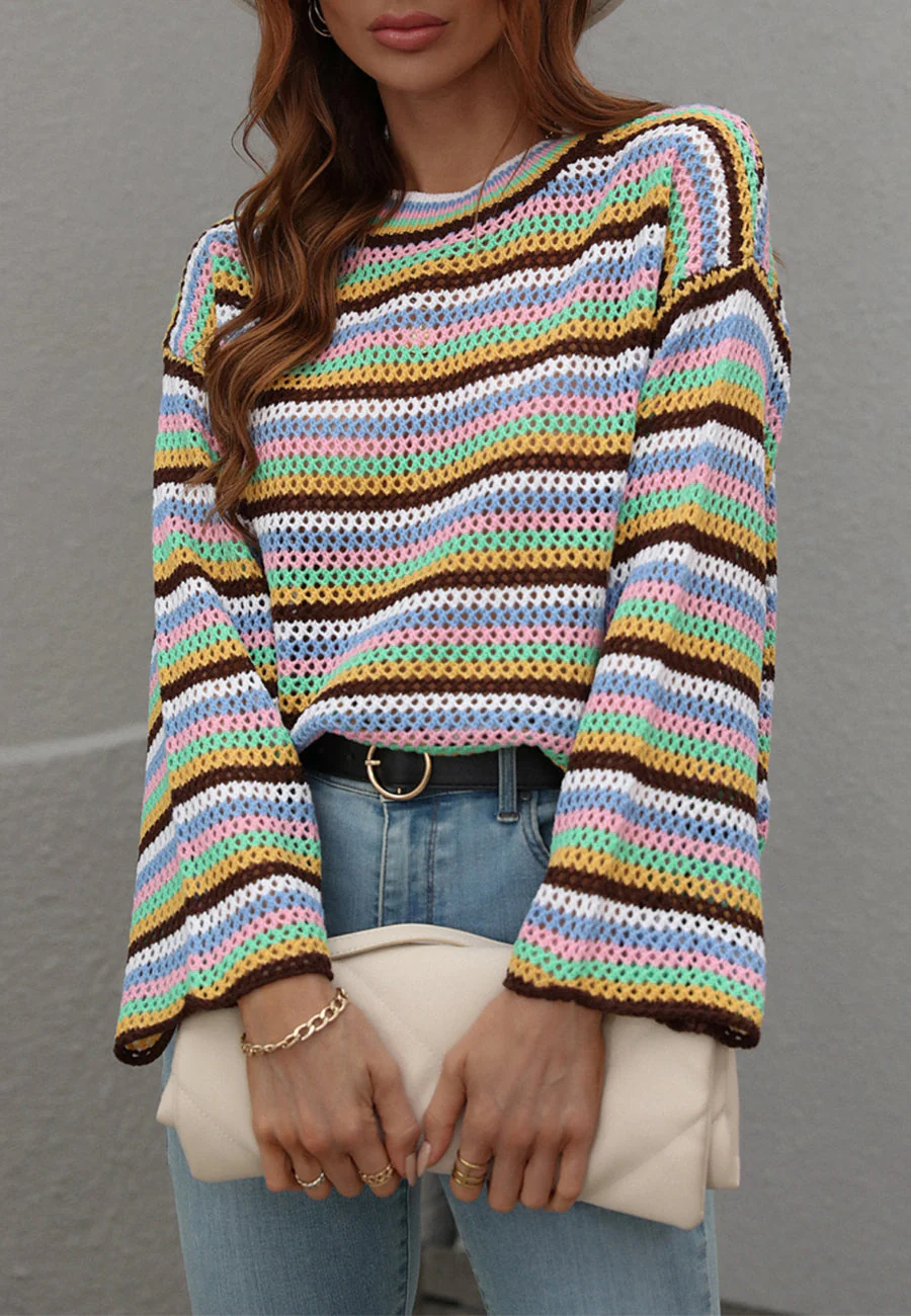 Colorful Striped Crochet Knit Sweater - Image 4
