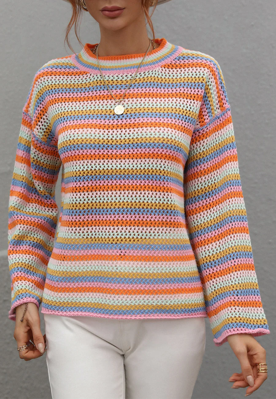 Colorful Striped Crochet Knit Sweater - Image 6