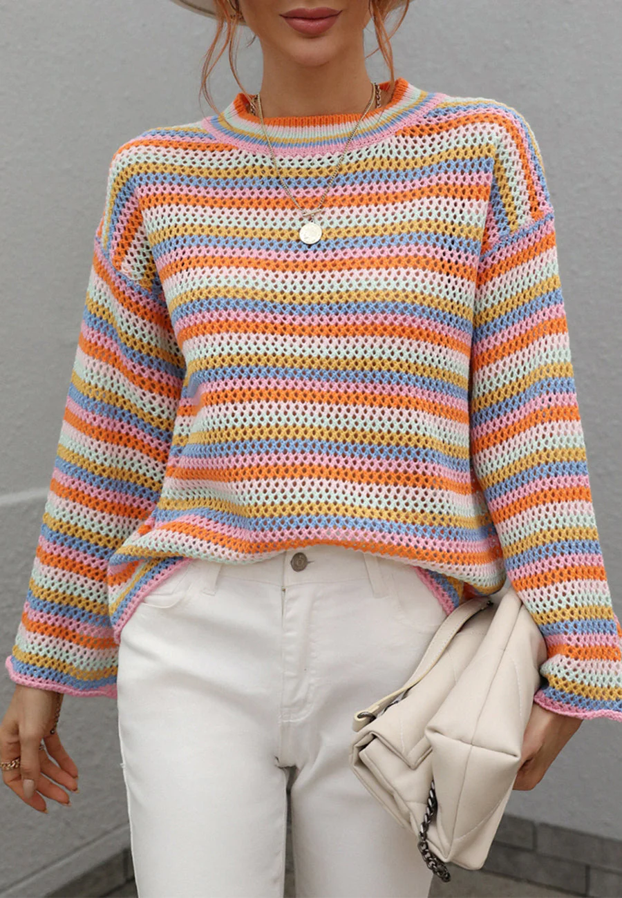 Colorful Striped Crochet Knit Sweater - Image 7