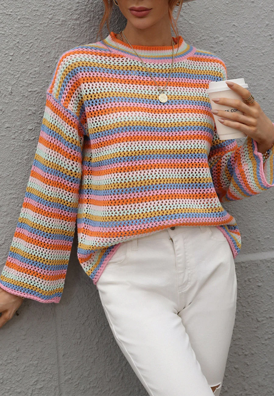 Colorful Striped Crochet Knit Sweater - Image 8
