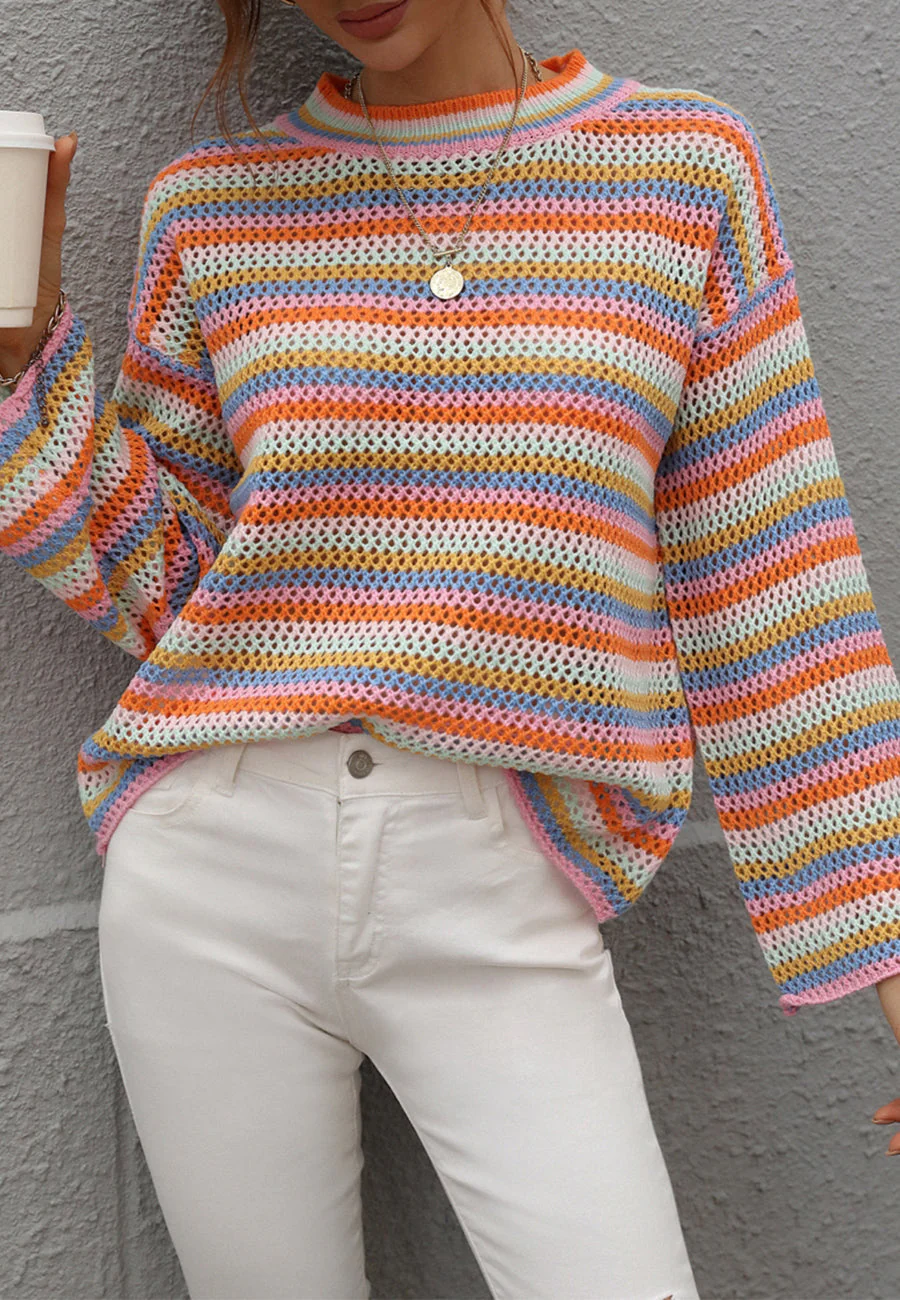 Colorful Striped Crochet Knit Sweater - Image 9