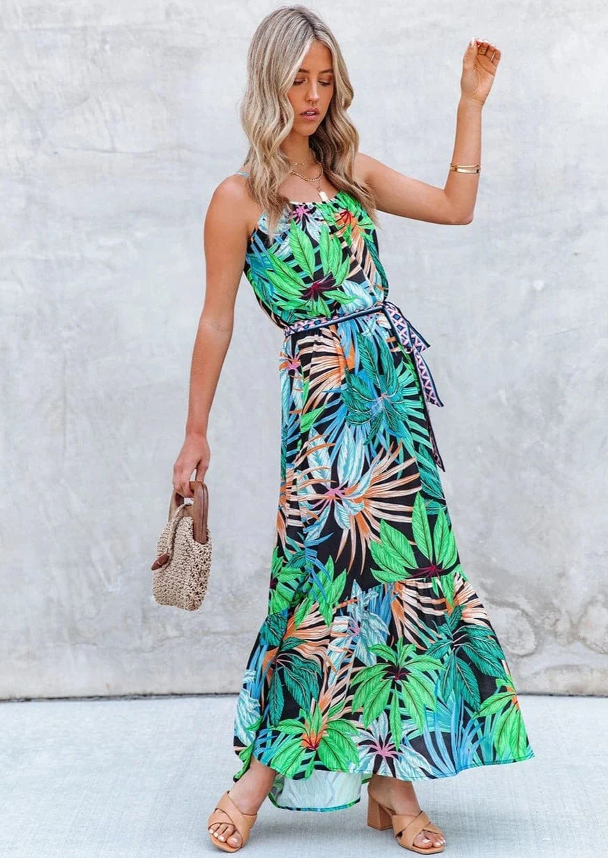 Contrast Belt Tropical Print Dress - Image 2