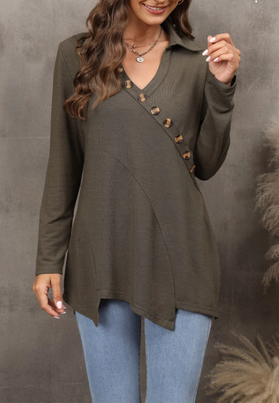 Contrast Button Asymmetrical Hem Sweater - Image 7