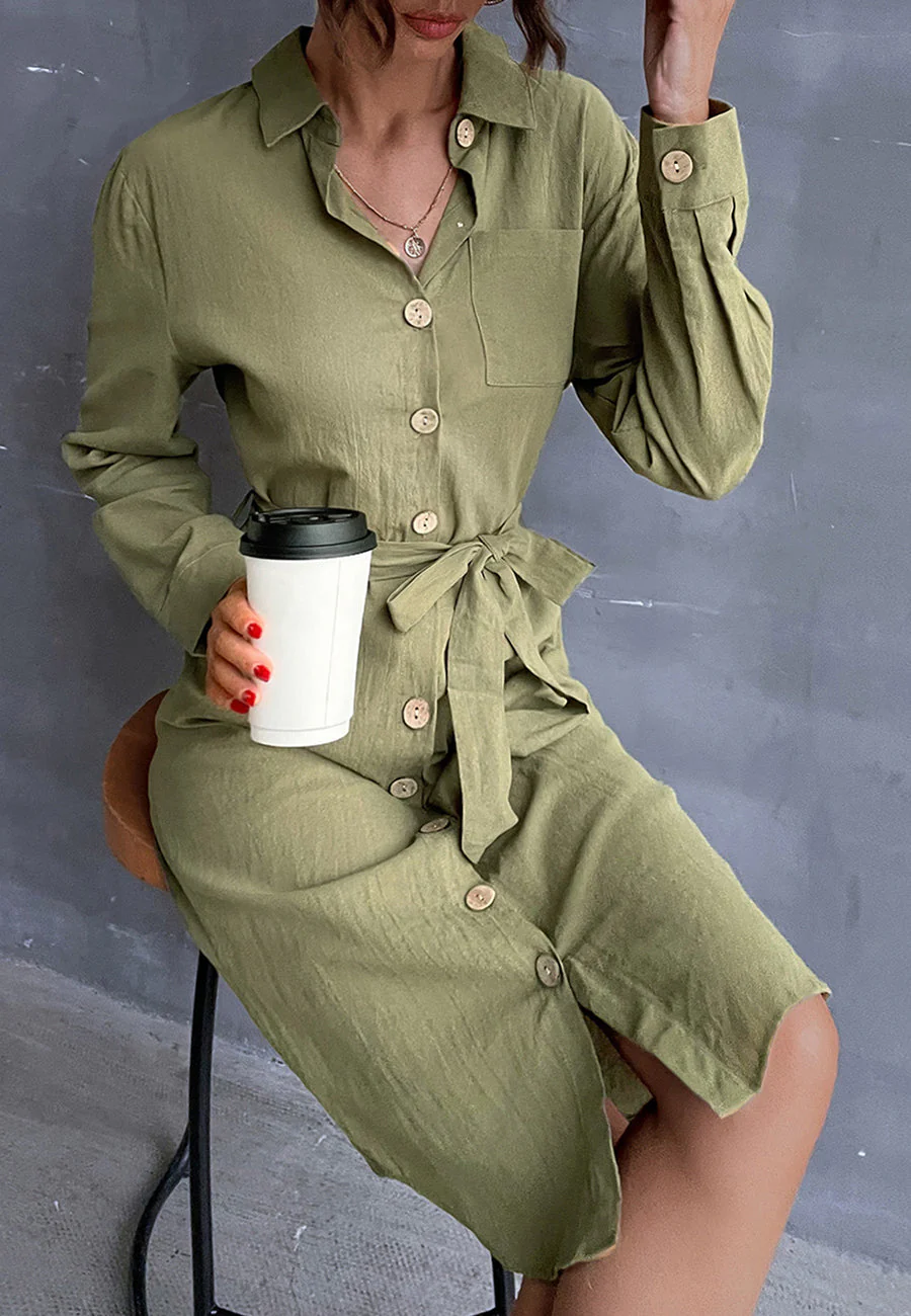 Contrast Button Belted Shirt Dress - Image 3