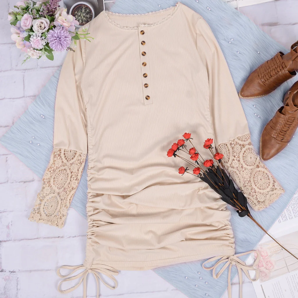 Contrast Button Ruched Bodycon Dress - Image 3