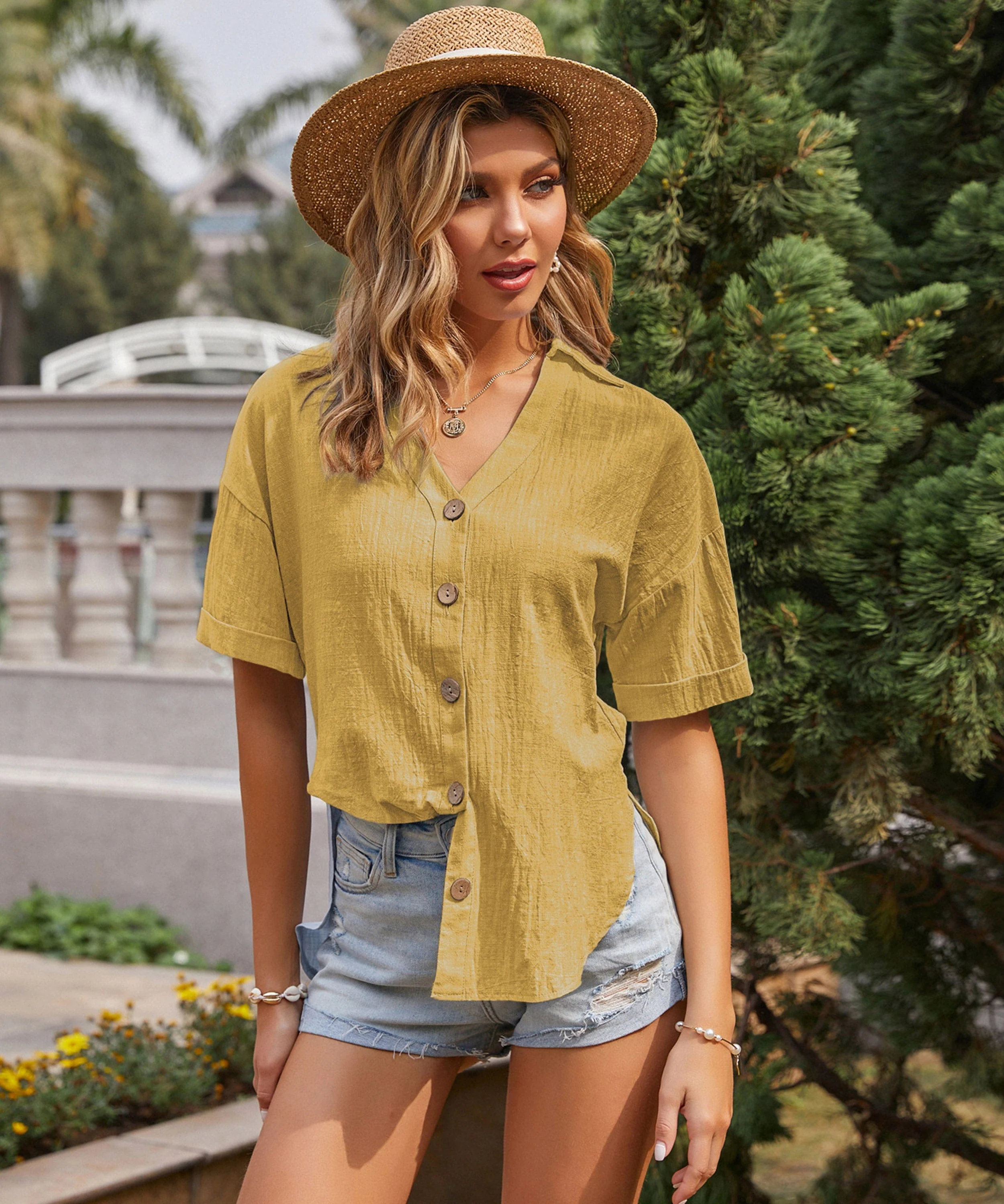 Contrast Button Side Slit Blouse - Image 39