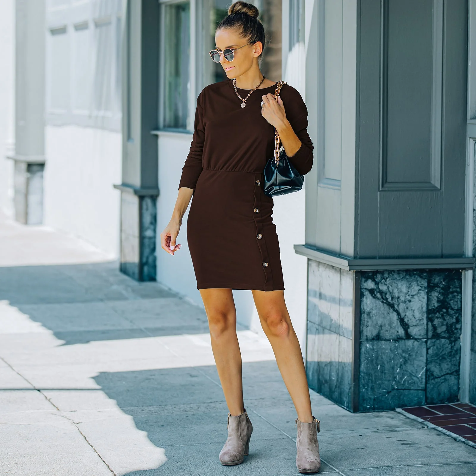 Contrast Button Skirt Bodycon Dress - Image 2