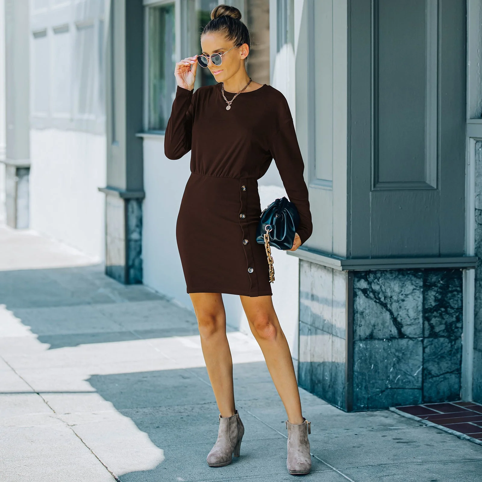 Contrast Button Skirt Bodycon Dress - Image 4